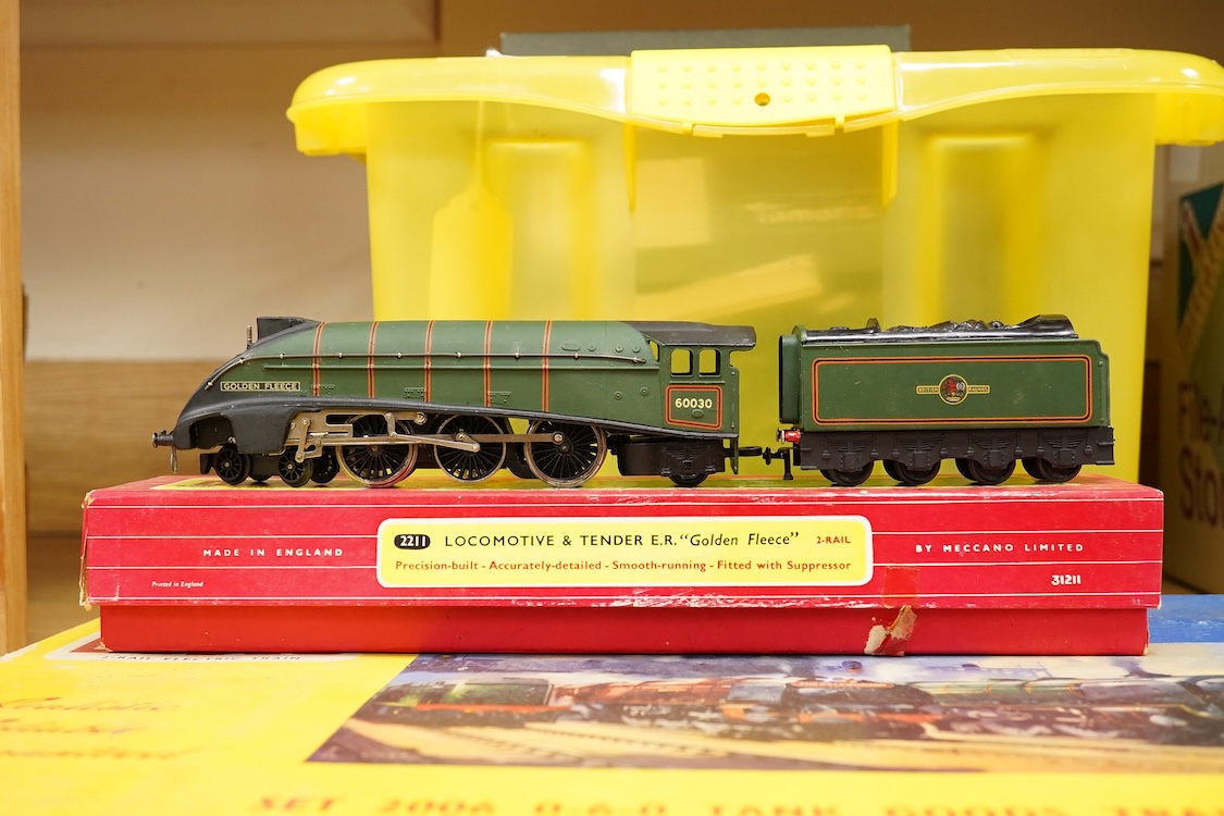 A collection of Hornby Dublo for 2 rail running, including; a boxed BR class A4 4-6-2, Golden Fleece 60030, (2211), together with three boxed bogie coaches and two wagons, plus four unboxed wagons, and a complete box set